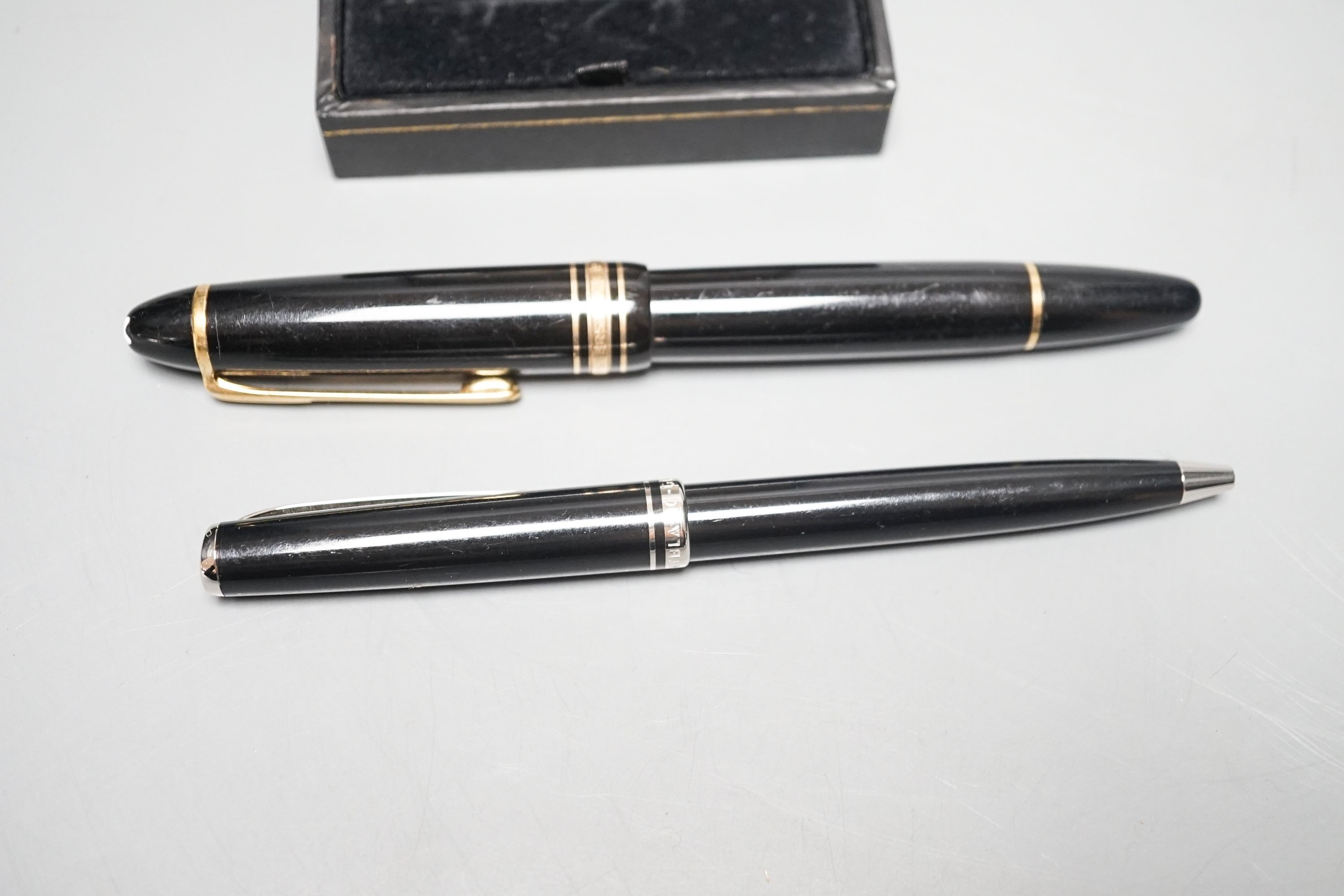 A cased pair of Montblanc cufflinks, a Montblanc Meisterstuck fountain pen No 146 with 4810 14k nib and a Montblanc Generation ballpoint pen